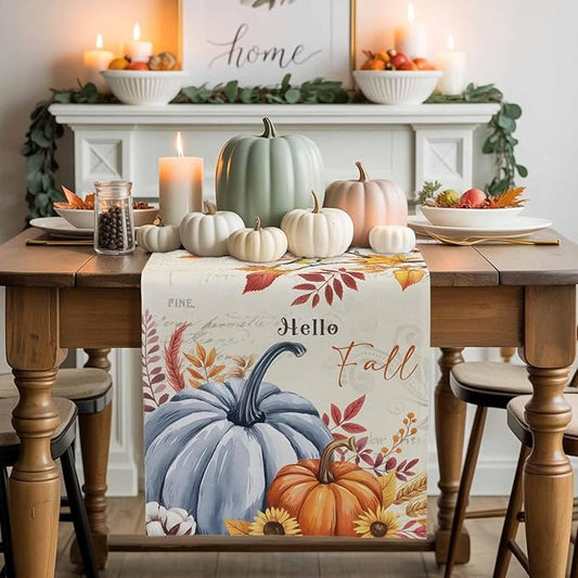 Thanksgiving Fall Cotton Linen Table Runner for Dining Kitchen, Blue Pumpkins Rustic Wedding Outdoor Party Autumn Tablerunners Decoration, Leaves Dresser Scarf Coffee Tablecloth Runners 13x108 Inches