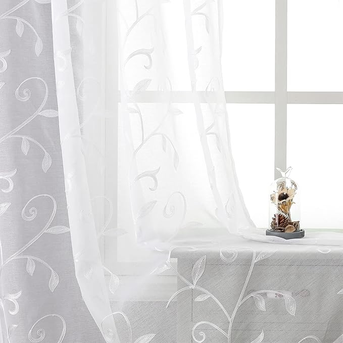 VISIONTEX White Sheer Voile Curtains, Decorative White Embroidery Faux Linen Rod Pocket Window Drapes for Home Kitchen, Living Room and Bedroom 54 x 108 Inch, Set of 2 Curtain Panels