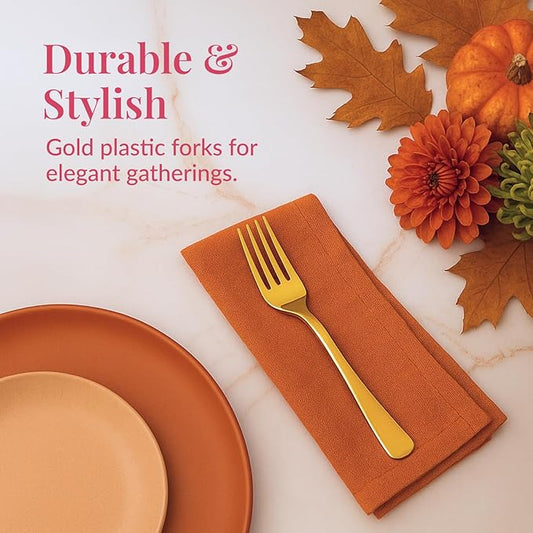 Prestee 100 Gold Plastic Forks - Heavy Duty Elegant Disposable Utensils - Fancy Plastic Silverware for Weddings and Holidays - Heavyweight 7 Inch Forks for Special Occasions