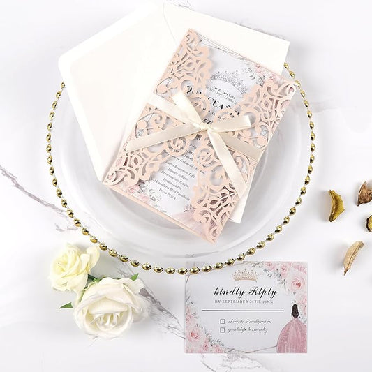 50pcs Blush Pink Wedding Invitations With Envelopes and Rsvp Cards 5x7 Inches Laser Cut Wedding Invitation Pockets for Bridal Shower QuinceañEra Engagement Birthday Invites