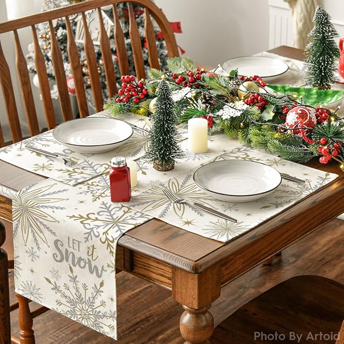 Artoid Mode Beige Snowflake Let It Snow Winter Placemats Set of 12, 12x18 Inch Seasonal Christmas Table Mats for Party Kitchen Dining Decoration