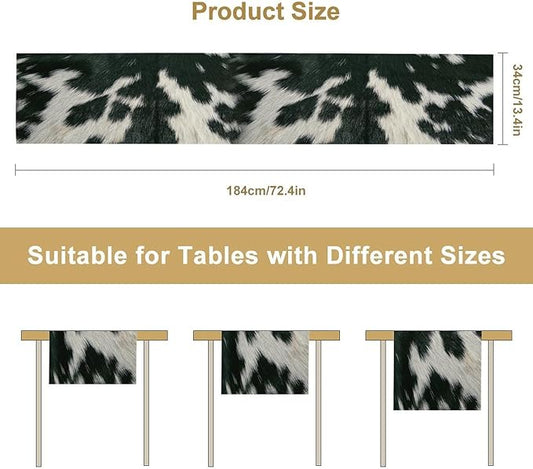 Cow Skin Print Table Runner, Rustic Country Farm Fur Skin Cowhide Pattern Western Style Black White Print Table Runner for Home Kitchen Dinning, 13x108 Inch