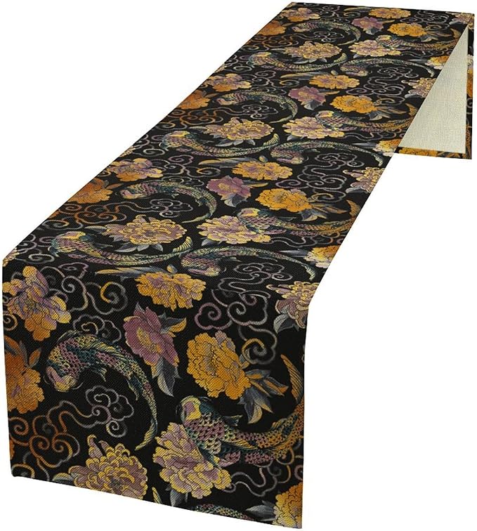 Japanese Table Runner Retro Flowers Oriental Tradition Kio Fish Art Printed Burlap Runner Home Kitchen Dining Table Living Room Decor Fabric 1 Panel W13xL70in