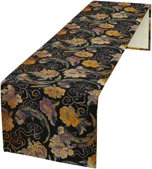Japanese Table Runner Retro Flowers Oriental Tradition Kio Fish Art Printed Burlap Runner Home Kitchen Dining Table Living Room Decor Fabric 1 Panel W13xL108in