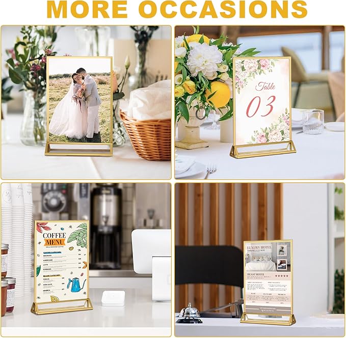 EHWINE 12 Pack Acrylic Sign Holder 8.5 x 11, Double Sided Gold Picture Frame Stand up Table Top Sign Holders, Clear Display Stand Menu Flyer Holder for Wedding Party (Provide Non-slip Mats)