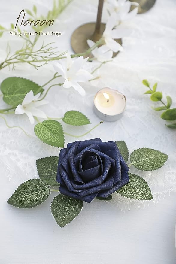 Floroom Artificial Flowers 50pcs Real Looking Navy Blue Foam Fake Roses with Stems for DIY Wedding Bouquets Bridal Shower Centerpieces Floral Arrangements Party Tables Home Decorations