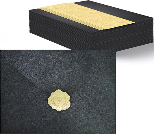 50 PCS Pearl Black A7 Envelopes with Stickers, Shimmering 5x7 Envelopes for Invitations, Great for Wedding Invitation Cards, Birthday RSVP, Graduation, Baby Shower 5.25 x 7.25 inches