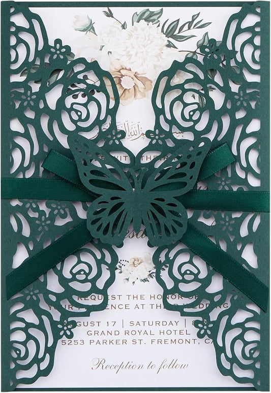 Emerald Green Wedding Invitations with Envelopes and Rsvp Cards, Blank Inner Cards, Ribbons, for Wedding Baby Shower Quinceañera Party Invitations 50 Sets