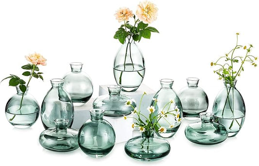 Glass Bud Vase for Centerpieces: 12Pcs Glasseam Green Mini Small Vases for Flowers Bulk Flower Vase Set Aesthetic Cute Handmade Tiny Short Wedding Table Centerpiece Decor