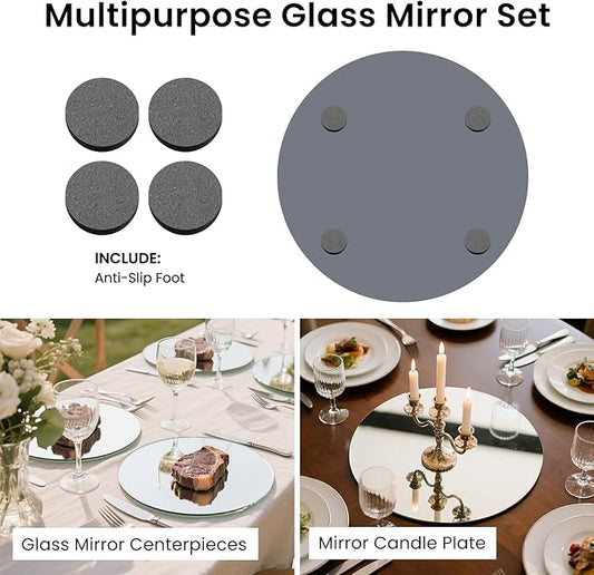 Round Mirror Centerpieces, Set of 12 Pcs 12" Round Glass Mirror Centerpieces for Tables, with Anti Slip Pads, Glass Trays for Wedding Decorations, Parties, Baby Shower Party