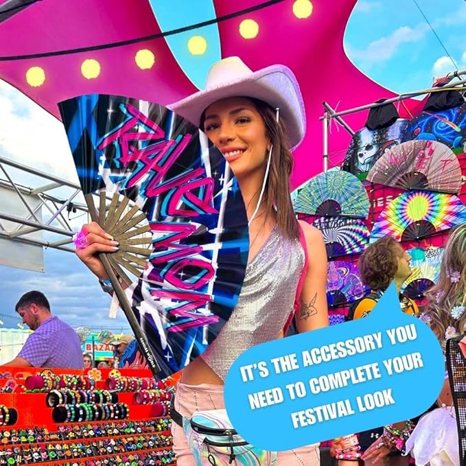 Kandies World UV Reactive Custom Festival Folding Hand Fan - Unique Designs, Made of Bamboo, Clacking Sound, Lightweight - Perfect Rave and Festival Accessory!