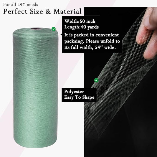 Sage Green Tulle Fabric Rolls 54 Inch by 40 Yards Tulle Bolt Spool for Wedding Decorations DIY Tutu Baby Shower Table Skirt Ceiling Decor Birthday Party Craft Supplies