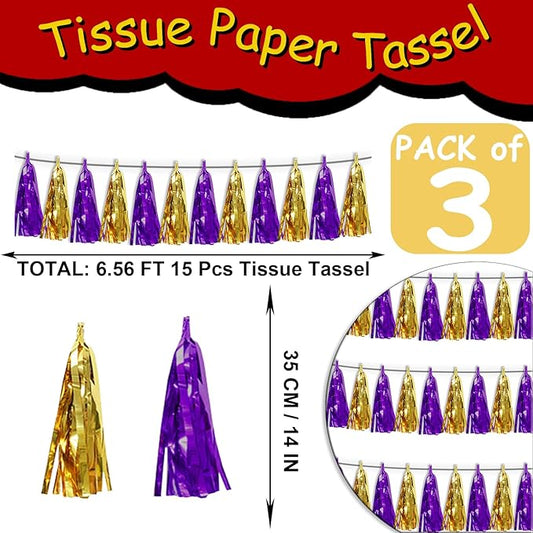3P Purple Gold Metallic Fringe Tassel Banner Garland Foil Tinsel Streamer Wall Hanging Curtain Backdrop Banner for Parade Floats, Graduation Decorations, Halloween, Christmas Decorations