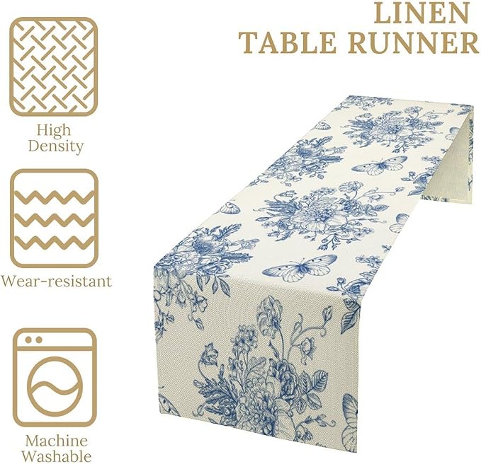 Monochrome Sketch Flowers Table Runner, Seasonal Spring Fall Plants Blue Florals Butterfly Dinner Runner for Home Kitchen Dining Table Party Holiday Decoration 13"x90"