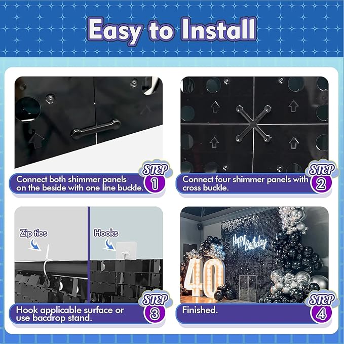 Qcity Iridescent Silver Shimmer Wall Backdrop 36PCS, Black Back Not See-Through Design, Square Sequin Glitter Backdrop Panel, Perfect for Outdoor Events, Birthdays, Wedding and Party Decoration