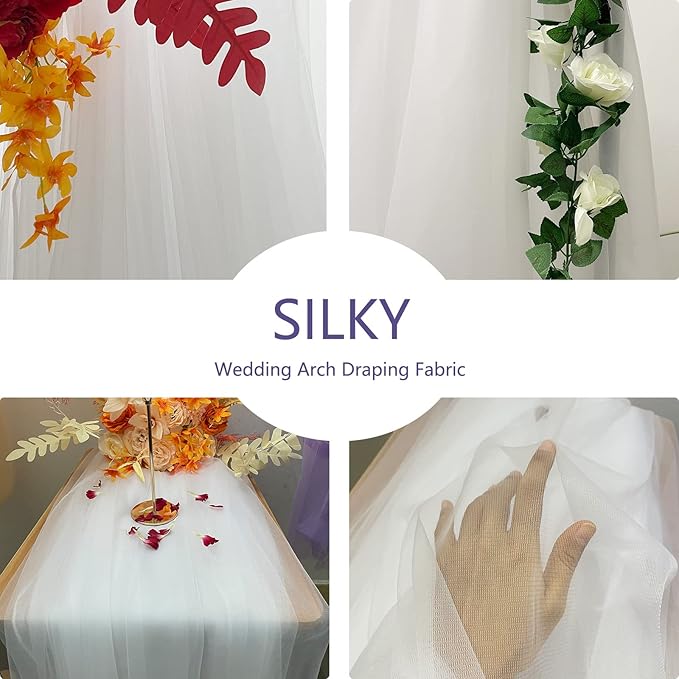 Wedding Arch Draping Fabric, 63" x 26Ft White Drapes for Wedding Tulle Fabric Drapery Sheer Backdrop for Ceremony Arch Stage Party Ceiling Décor