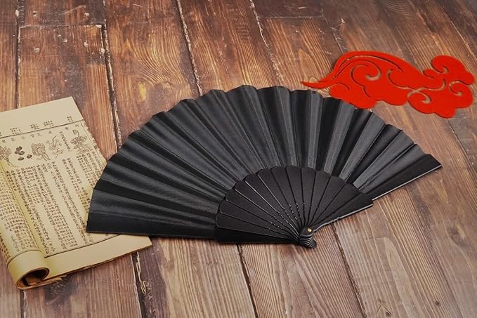 HUNANBANG 1 Dozen 12 Pieces Folding Hand Fans Church Wedding Gift, Party Favors, DIY Decoration Gift Size9 Wholesale 12pack (Black)