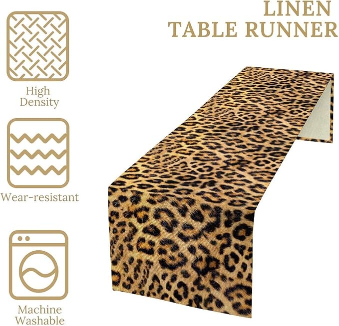 Leopard Print Dinning Table Runner, Cotton Linen Rustic Cottage Country Farm Safari Wildlife Fur Print Table Runners for Table Dresser Runner Dinning Kitchen Party Holidays Home, 13x108 Inch
