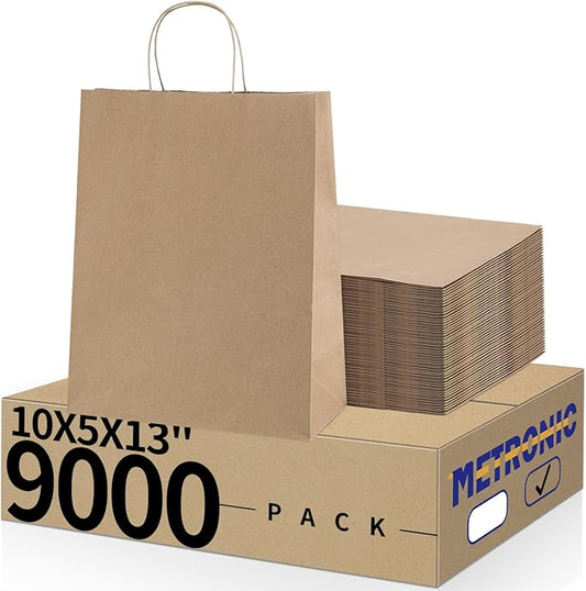 METRONIC Kraft Paper Gift Bags with Handles 10x5x13 Inch 9000 Pack | Christmas, Birthday Party Favors, Retail Shopping, Small Business Bulk | Brown Gift Wrap Bag
