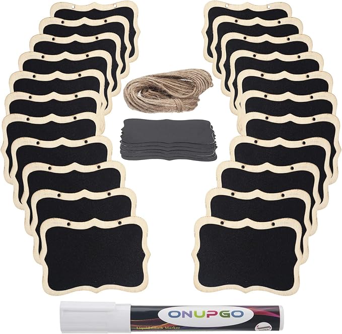 ONUPGO 20 Pack Mini Chalkboard Tags with Liquid Chalk Marker, Erasable Wooden Chalkboard Signs with Hanging String, Price Tags, Message Tags for Wedding Decor, Party Buffet Display, Place Cards