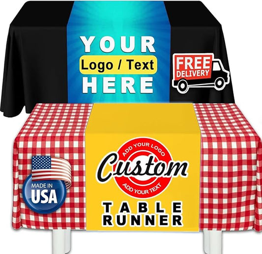 Made in USA - Custom Table Runner with Business Logo 12"x72" to 36"x72", Personalized Table Banner for Events, Birthday, Wedding