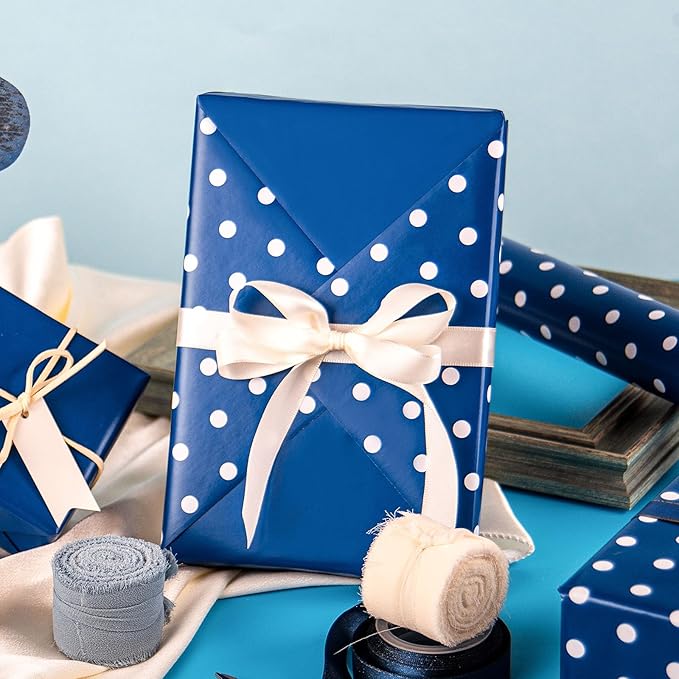 Flyhill Navy Blue Wrapping Paper,Reversible Gift Wrap Paper with Polka Dot Design for Father's Day,Birthday,Wedding,Baby Shower,All Holidays(17 Inch X 32.8 Feet)