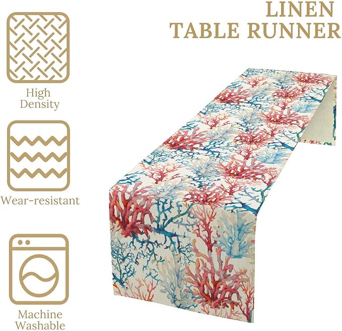 Blue Beach Table Runner, Tropical Ocean Coast Table Runner, Seashell Seasonal Nautical Restaurant Coffee Table Decorations for Home Holiday Party Indoor Outdoor 13x70 Inch
