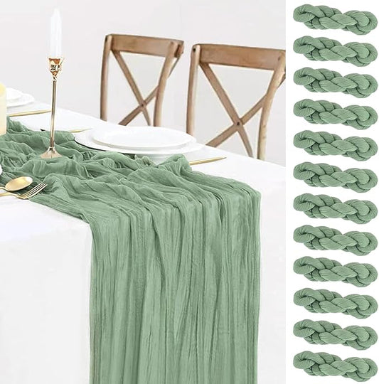 12 Pack Sage Green Table Runner Cheesecloth 35x120 Inch, 10Ft Boho Sheer Gauze Table Runner Cheese Cloth Runner for Wedding Baby Shower Fall Thanksgiving Home Decorations