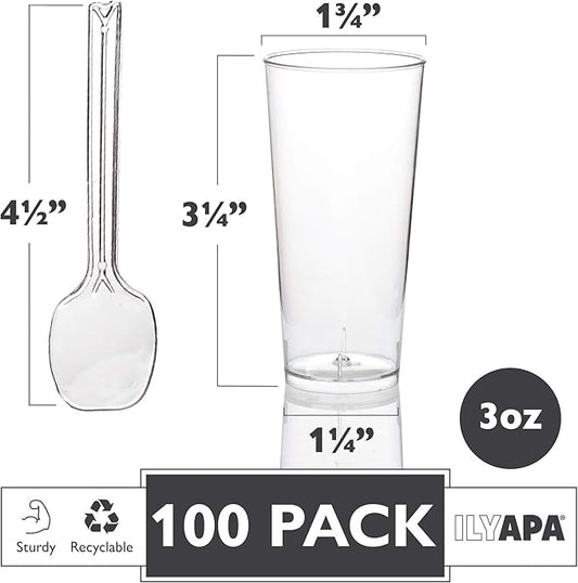 Ilyapa 3oz Plastic Dessert Cups - 100 Pack Mini Dessert Cups with Spoons - Clear Reusable Small Appetizer Cup for Cheesecake Shooters, Chocolate Mousse, Parfait - Party and Catering Supplies - Round