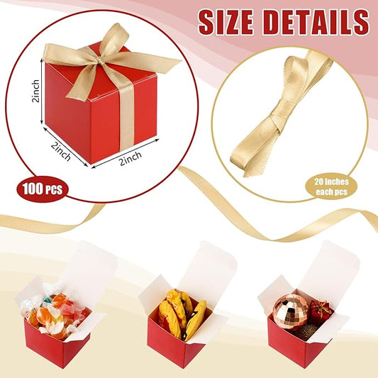 Jutom 100 Pcs Mini Favor Boxes Extra Small Candy Boxes Paper with Gold Ribbon for Christmas Thanksgiving Day Birthday Wedding Anniversary Supplies(2 x 2 x 2 Inch,Red)