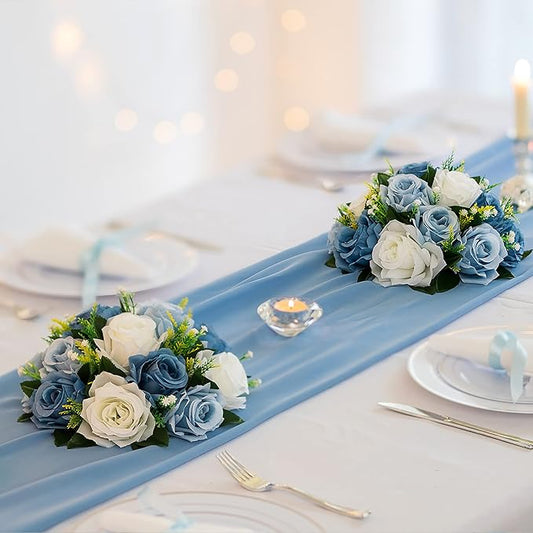 BLOSMON Flower Ball Centerpieces for Table 2 Pcs Fake Rose Centerpiece Flowers Dusty Blue Artificial Silk Floral Arrangement Center Piece Kissing Bouquet for Wedding Party Valentines Day Home Decor