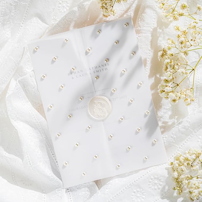 50 Pack Pre-Folded Vellum Jackets For 5x7 Invitations,AZAZA Translucent Invitation Sleeves,115GSM Vellum Jackets 5x7, Wedding Invitation Accessories, For Weddings Birthdays Baby Showers,Elegant Pearl