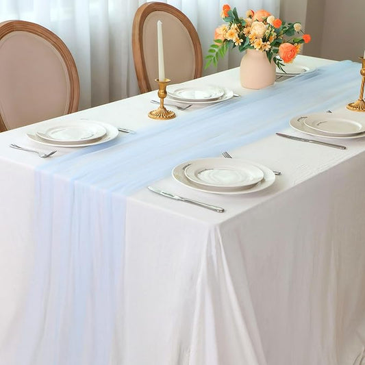 Snowkingdom Light Blue Cheesecloth Table Runner 10FT, Baby Blue Sheer Tulle Gauze Runner 120 Inch, Rustic Boho Party Table Decoration for Wedding Bridal Baby Shower Birthday Christmas Winter Holiday