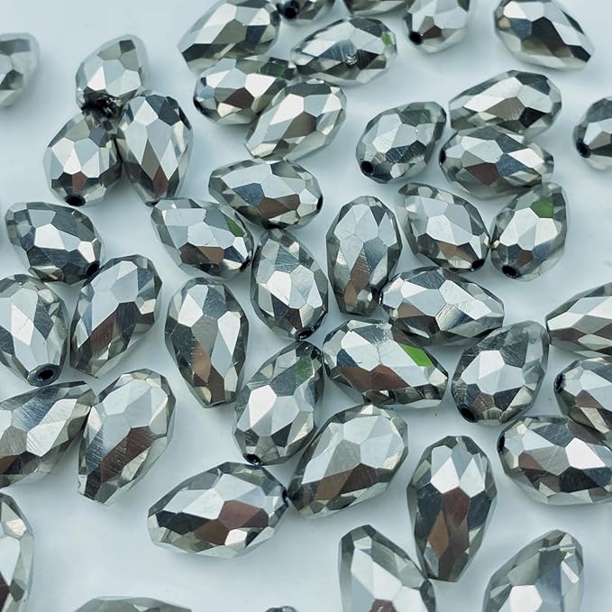 50pcs 10x15mm Teardrop Crystal Glass Beads Vertical Hole Faceted Glass Teardrop Spacer Beads for Bracelets Necklace Earring DIY Jewelry Making Craft(Silver)