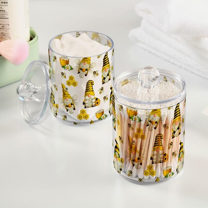 Qtip Holder Dispenser 4 Pack Gnome Bees Flying Dwarf Daisy Apothecary Jars with Lids Bathroom Vanity Countertop Canister Storage Organizer for Cotton Ball,Swabs,Pads,Floss
