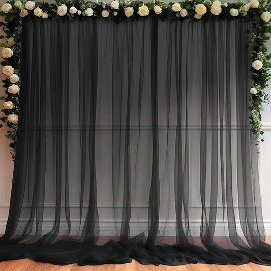 10ft X 10ft Black Sheer Backdrop Curtain for Parties, Tulle Sheer Fabric Backdrop Curtain Drapes for Baby Shower Birthday Party Photo Shoot Halloween Decorations
