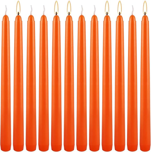 12-Pack Orange Taper Candles - 10 Inch Unscented Dripless Candlesticks, Long Burning for Halloween, Thanksgiving, Fall Decor & Dinner Parties