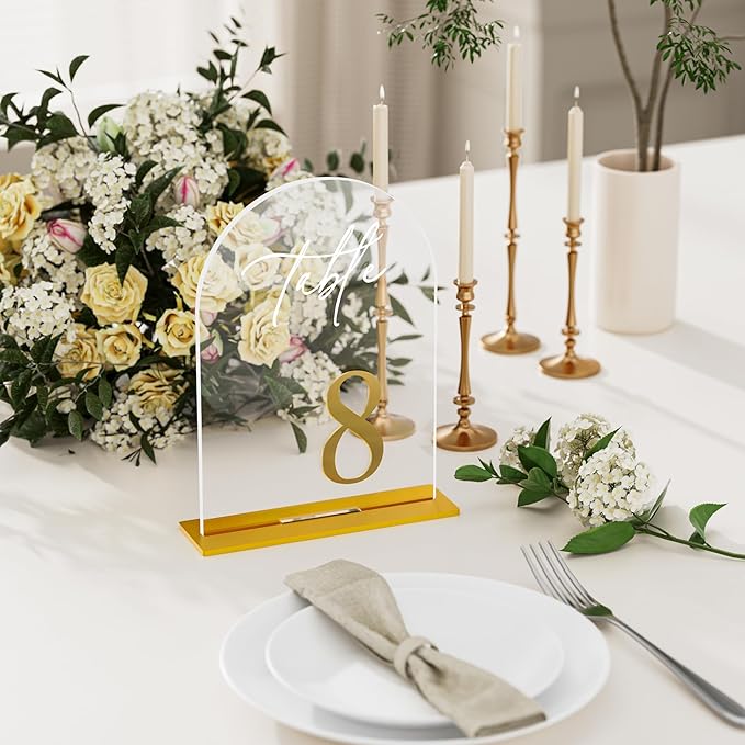 Arch Wedding Table Numbers 1-10 with Stands, Elegant Gold Number 5.5 x 7” Arch Acrylic Signs with Holders, Clear Acrylic Table Numbers for Wedding Reception, Anniversary, Party, Events