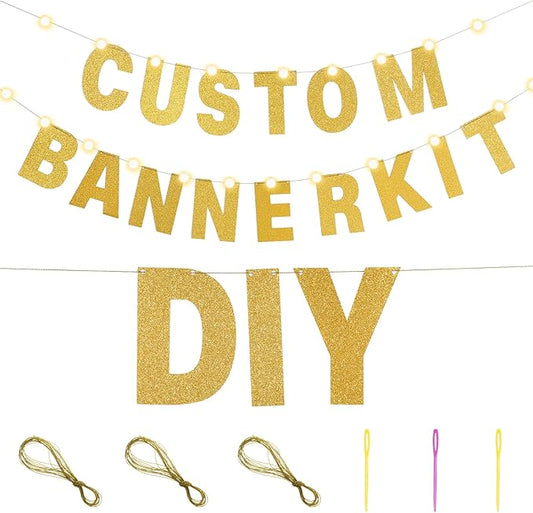 TaoBary 112 Pcs DIY Letter Kit Glitter Customizable Banner Letters Include 107 Letters and Numbers 3 Rope and 2 Needles for Birthday Halloween Christmas Wedding Valentine Party Decor(Gold)