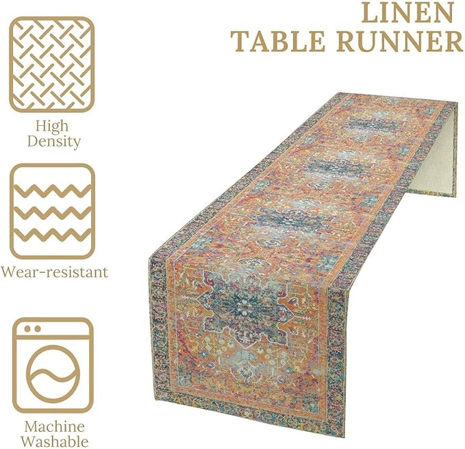 Boho Floral Vintage Table Runner, Orange Retro Flower Rustic Country Farmhouse Abstract Pattern for Home Kitchen Table Decor Dining Coffee Room Party Decor 13x60in