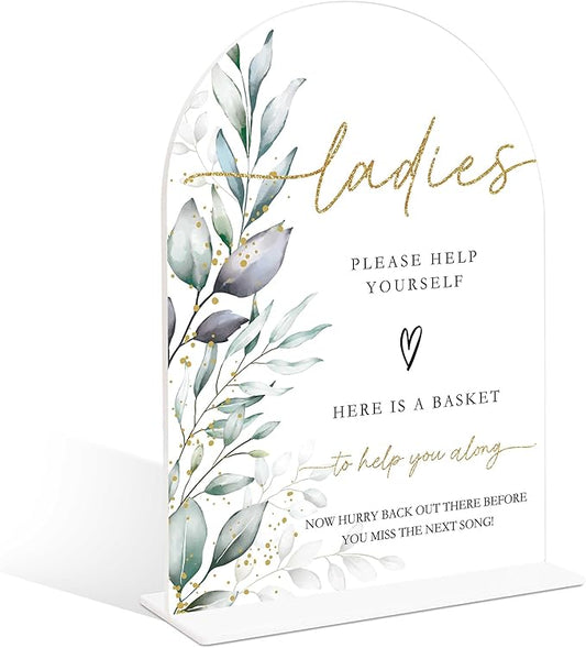 Acrylic Wedding Signs, Greenery Theme Ladies Please Help Yourself Sign, Bridal Shower Table Decor with Stand, Wedding Bathroom Basket Supplies for Engagement, Anniversary, Newlywed Event and Party, 07