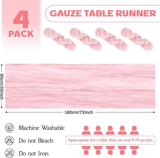 Aktor 4 Pack Pink Table Runner Boho Cheesecloth Table Runner Semi Sheer Gauze Fabric Runners for Wedding Birthday Baby Shower Party Boho Table Decoration（Pink）