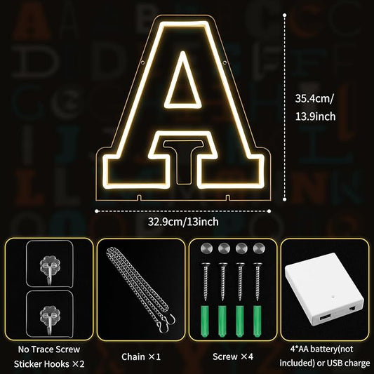 Light Up Letters A, Led Marquee Letter Lights Neon Sign, 13.9" Height Decorative Lighted Alphabet Number, Battery/USB Powered Led Letters Lights for Wedding, Birthday, Party, Christmas or Home Decor
