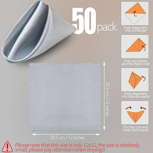 Manyshofu 50 Pieces Silver Satin Napkins - 12x12 Inches Cloth Napkins, Square Satin Fabric Napkin Set - Elegant & Smooth Table Napkins for Wedding Dinner Party Lunch Banquet Decoration