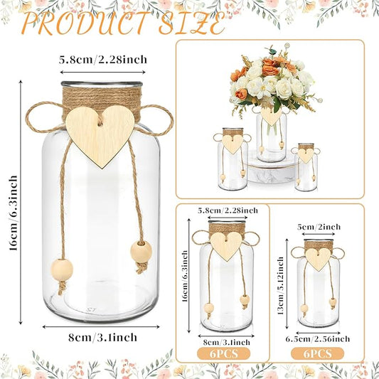 Vintage Glass Vases for Flowers, Set of 6 Mason Jar Vase Table Centerpieces for Farmhouse Room Decor, Wedding, Bridal Shower Bud Vase Set (Medium)