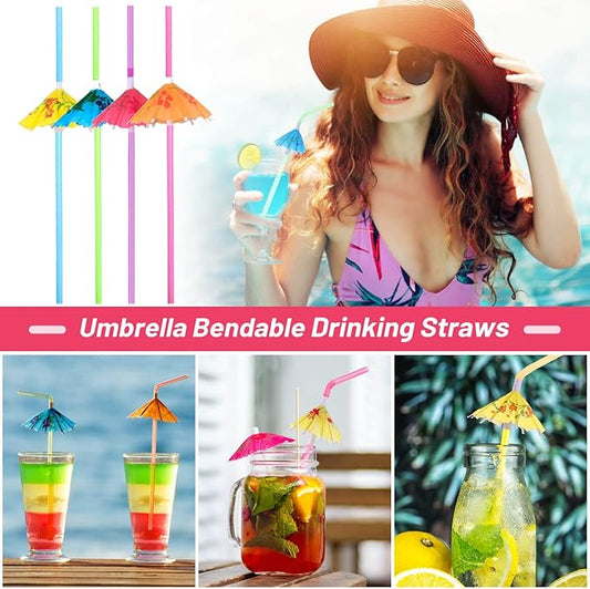Paxcoo 50pc Umbrella Straws for Cocktails, Tropical Hawaiian Luau Party Decorations (Assorted Colors)