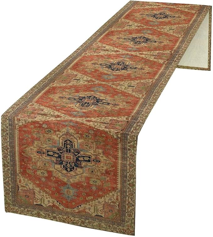 Vintage Boho Floral Table Runner, Rustic Country Farmhouse Orange Yellow Grey Retro Flower Pattern for Home Kitchen Table Decor Dining Coffee Room Party Decor 13x72in