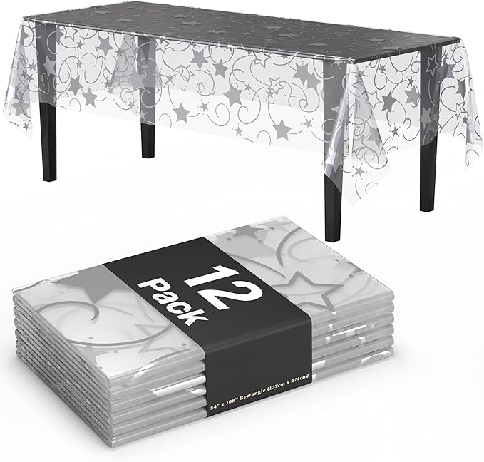 Exquisite Clear Silver Star Tablecloth Plastic 12-Pack Disposable Rectangle Tablecloths 54" x 108" Silver Star Table Cloths Rectangle Table Covers Plastic Tablecloth for Party Decorations