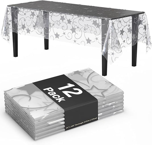 Exquisite Clear Silver Star Tablecloth Plastic 12-Pack Disposable Rectangle Tablecloths 54" x 108" Silver Star Table Cloths Rectangle Table Covers Plastic Tablecloth for Party Decorations