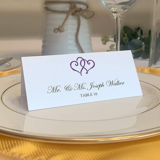 Linked Hearts Printable Place Cards, Purple (Choose Color), Set of 60 (10 Sheets), Laser & Inkjet Printers - Wedding, Party, Dinner, and Special Events - Made in the USA